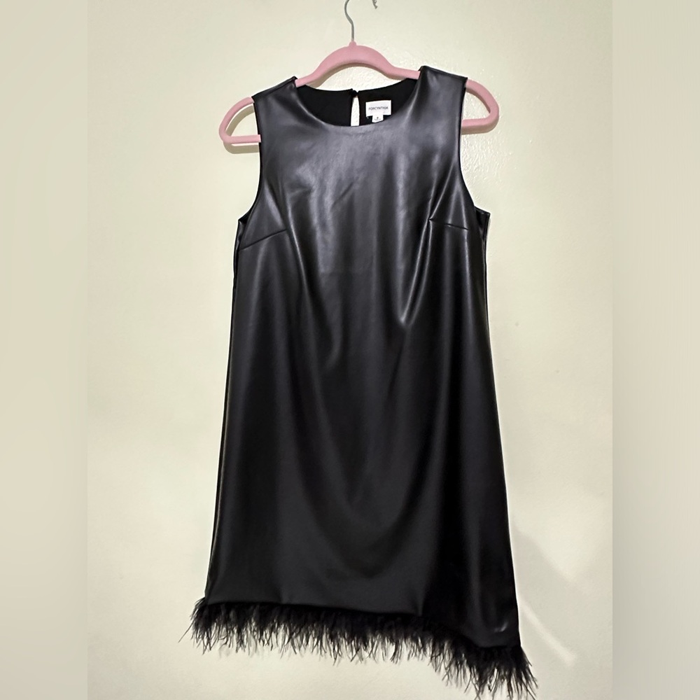 Faux Black Leather Dress with Feather Detail